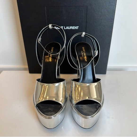 NWT SAINT LAURENT Jodie Metallic 135 Patent Leather Platform Sandals Silver 39.5 - Picture 7 of 15